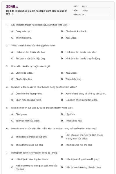 Bộ 3 đề thi giữa học kì 2 Tin học lớp 9 Cánh diều có đáp án (Đề 1)