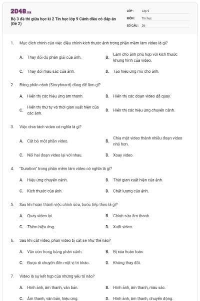 Bộ 3 đề thi giữa học kì 2 Tin học lớp 9 Cánh diều có đáp án (Đề 2)