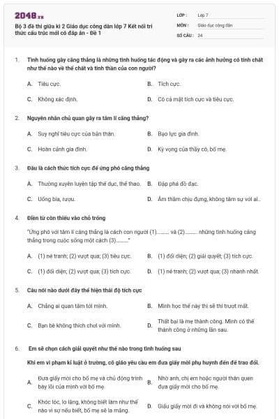 Bộ 3 đề thi giữa kì 2 Giáo dục công dân lớp 7 Kết nối tri thức cấu trúc mới có đáp án - Đề 1