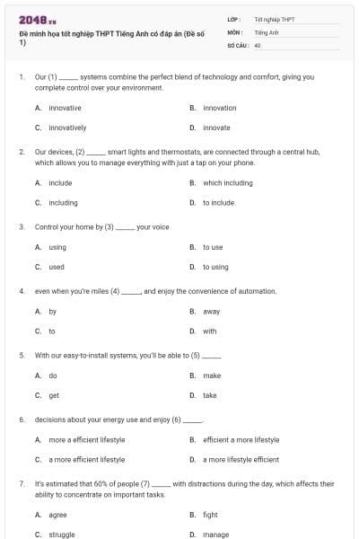 Đề minh họa tốt nghiệp THPT Tiếng Anh có đáp án (Đề số 1)