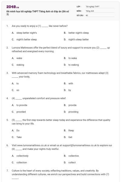 Đề minh họa tốt nghiệp THPT Tiếng Anh có đáp án (Đề số 3)