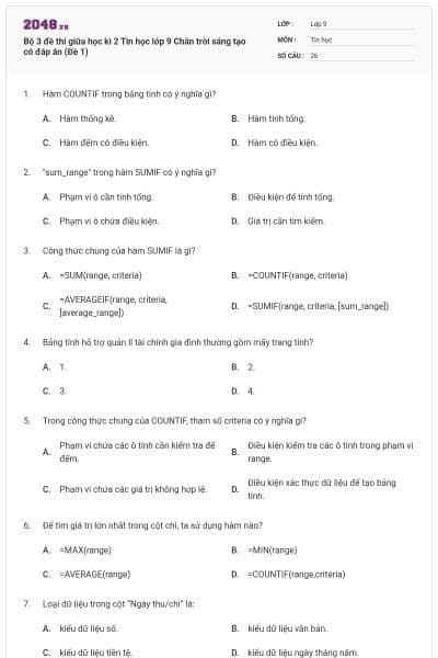 Bộ 3 đề thi giữa học kì 2 Tin học lớp 9 Chân trời sáng tạo có đáp án (Đề 1)