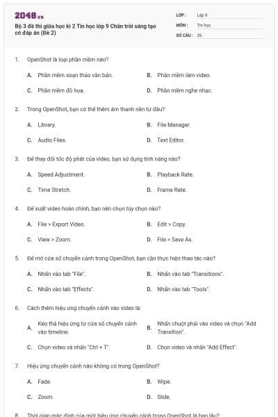 Bộ 3 đề thi giữa học kì 2 Tin học lớp 9 Chân trời sáng tạo có đáp án (Đề 2)
