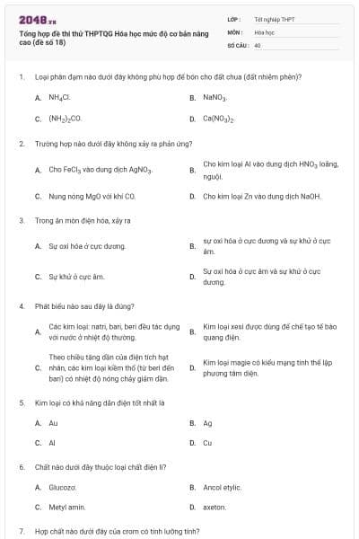 Tổng hợp đề thi thử THPTQG Hóa học mức độ cơ bản nâng cao (đề số 18)