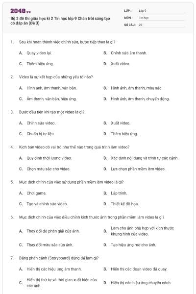 Bộ 3 đề thi giữa học kì 2 Tin học lớp 9 Chân trời sáng tạo có đáp án (Đề 3)