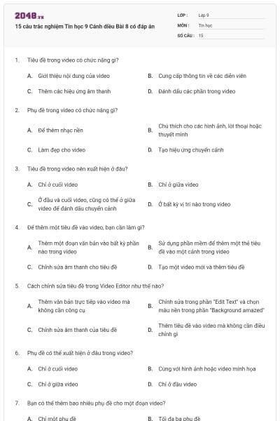 15 câu trắc nghiệm Tin học 9 Cánh diều Bài 8 có đáp án