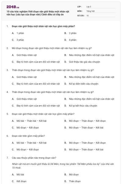 10 câu trắc nghiệm Viết đoạn văn giới thiệu một nhân vật văn học (cấu tạo của đoạn văn) Cánh diều có đáp án