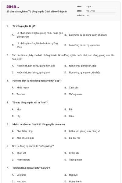 20 câu trắc nghiệm Từ đồng nghĩa Cánh diều có đáp án