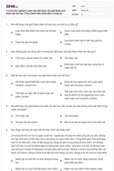 15 câu trắc nghiệm Luyện tập viết đoạn văn giới thiệu một nhân vật văn học (Thực hành viết) Cánh diều có đáp án