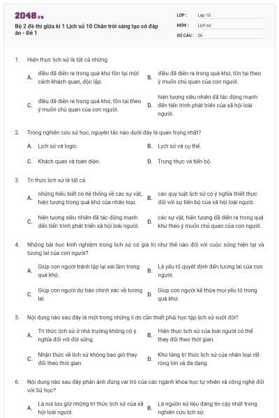 Bộ 2 đề thi giữa kì 1 Lịch sử 10 Chân trời sáng tạo có đáp án - Đề 1