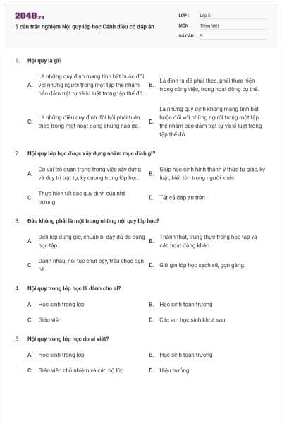 5 câu trắc nghiệm Nội quy lớp học Cánh diều có đáp án