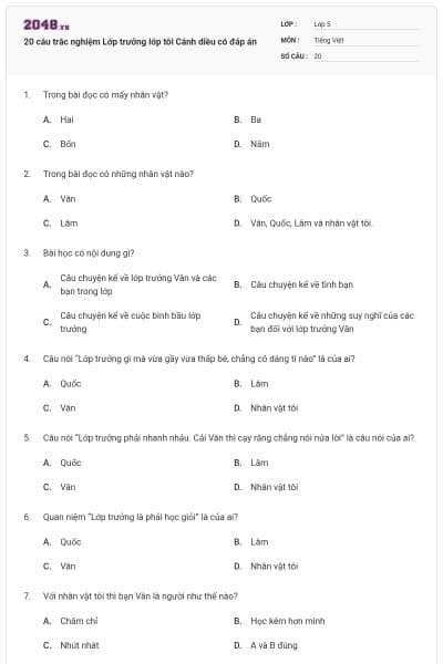 20 câu trắc nghiệm Lớp trưởng lớp tôi Cánh diều có đáp án