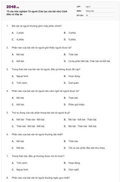 15 câu trắc nghiệm Tả người (Cấu tạo của bài văn) Cánh diều có đáp án