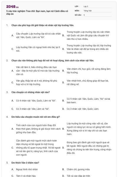 5 câu trắc nghiệm Trao đổi: Bạn nam, bạn nữ Cánh diều có đáp án