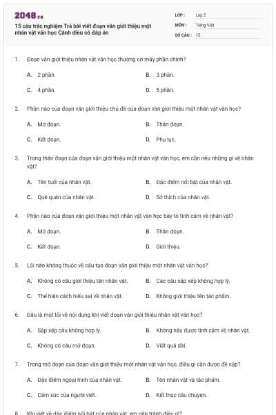 15 câu trắc nghiệm Trả bài viết đoạn văn giới thiệu một nhân vật văn học Cánh diều có đáp án