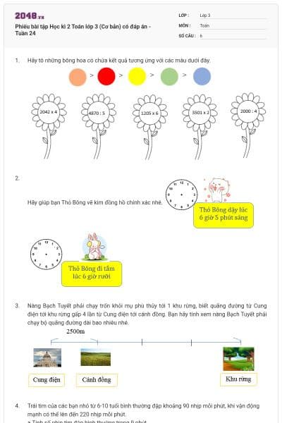 Phiếu bài tập Học kì 2 Toán lớp 3 (Cơ bản) có đáp án - Tuần 24