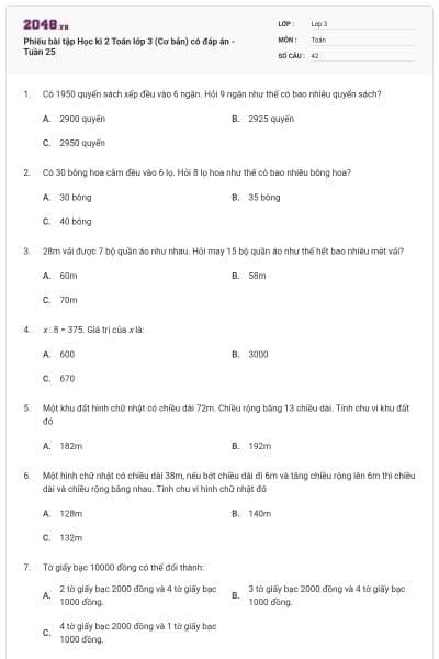 Phiếu bài tập Học kì 2 Toán lớp 3 (Cơ bản) có đáp án - Tuần 25