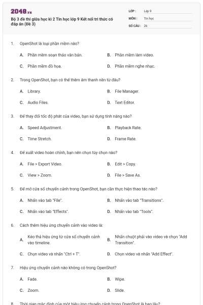 Bộ 3 đề thi giữa học kì 2 Tin học lớp 9 Kết nối tri thức có đáp án (Đề 3)