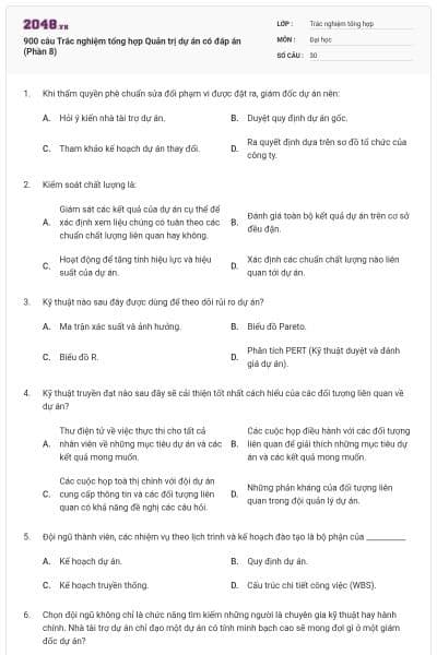 900 câu Trắc nghiệm tổng hợp Quản trị dự án có đáp án (Phần 8)