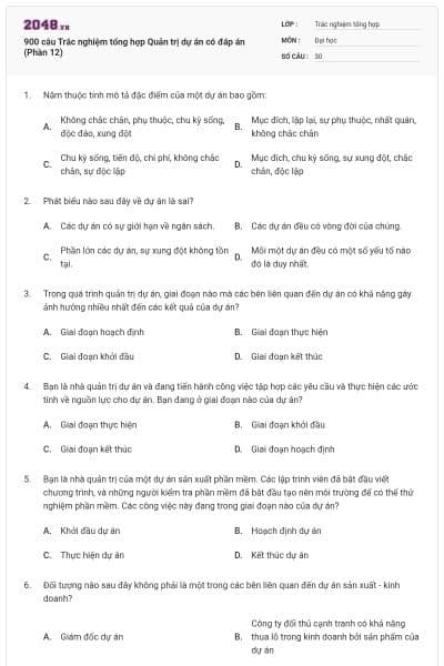 900 câu Trắc nghiệm tổng hợp Quản trị dự án có đáp án (Phần 12)