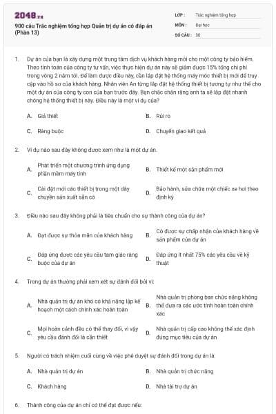 900 câu Trắc nghiệm tổng hợp Quản trị dự án có đáp án (Phần 13)