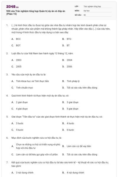 900 câu Trắc nghiệm tổng hợp Quản trị dự án có đáp án (Phần 15)