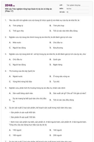 900 câu Trắc nghiệm tổng hợp Quản trị dự án có đáp án (Phần 17)