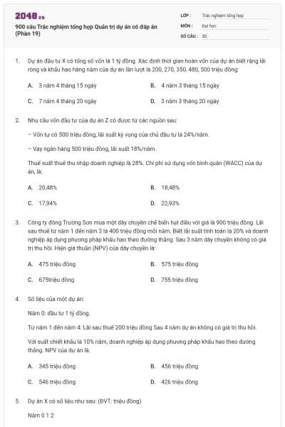 900 câu Trắc nghiệm tổng hợp Quản trị dự án có đáp án (Phần 19)