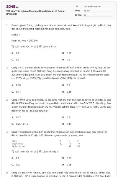 900 câu Trắc nghiệm tổng hợp Quản trị dự án có đáp án (Phần 20)