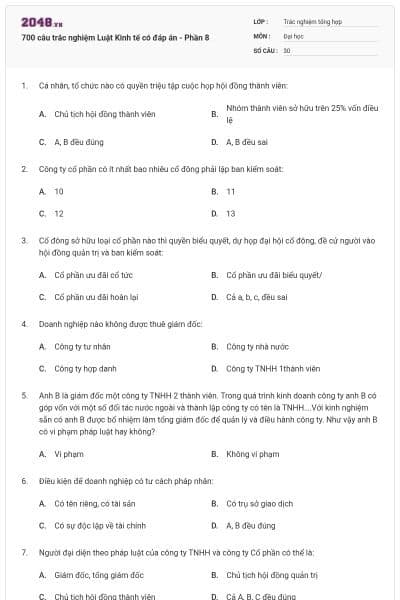 700 câu trắc nghiệm Luật Kinh tế có đáp án - Phần 8