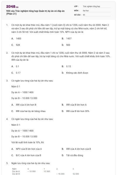 900 câu Trắc nghiệm tổng hợp Quản trị dự án có đáp án (Phần 21)