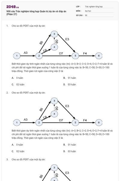 900 câu Trắc nghiệm tổng hợp Quản trị dự án có đáp án (Phần 27)