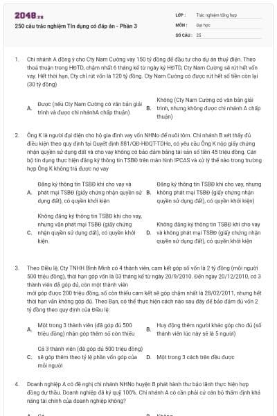 250 câu trắc nghiệm Tín dụng có đáp án - Phần 3