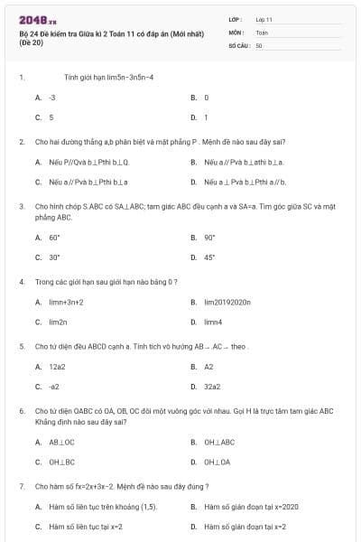 Bộ 24 Đề kiểm tra Giữa kì 2 Toán 11 có đáp án (Mới nhất) (Đề 20)