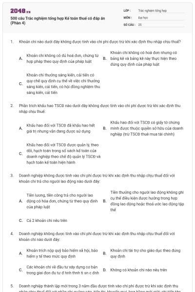 500 câu Trắc nghiệm tổng hợp Kế toán thuế có đáp án (Phần 4)