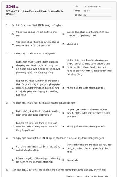 500 câu Trắc nghiệm tổng hợp Kế toán thuế có đáp án (Phần 7)