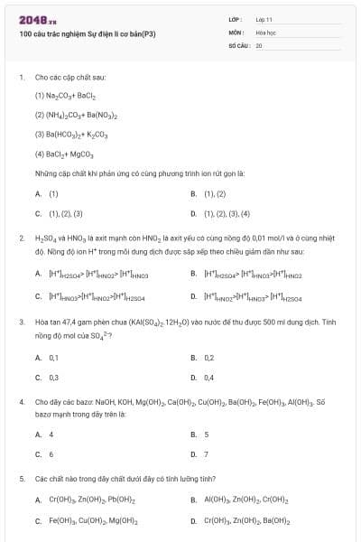 100 câu trắc nghiệm Sự điện li cơ bản(P3)