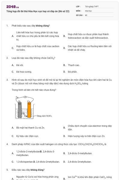 Tổng hợp đề thi thử Hóa Học cực hay có đáp án (Đề số 22)