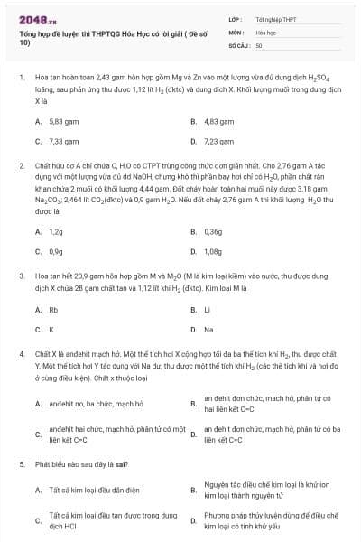 Tổng hợp đề luyện thi THPTQG Hóa Học có lời giải ( Đề số 10)
