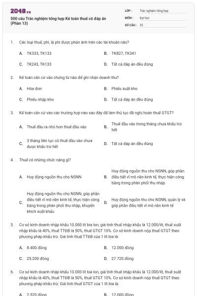500 câu Trắc nghiệm tổng hợp Kế toán thuế có đáp án (Phần 13)