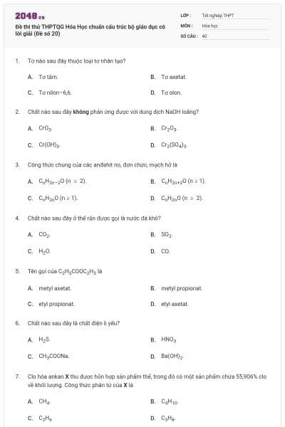 Đề thi thử THPTQG Hóa Học chuẩn cấu trúc bộ giáo dục có lời giải (Đề số 20)