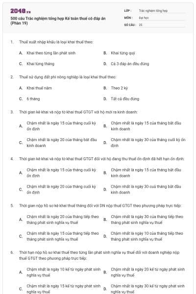 500 câu Trắc nghiệm tổng hợp Kế toán thuế có đáp án (Phần 19)