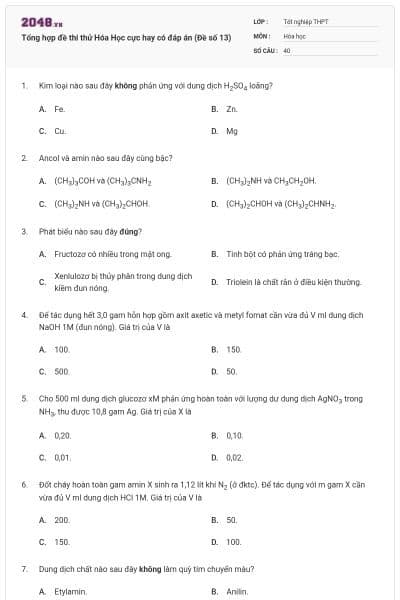Tổng hợp đề thi thử Hóa Học cực hay có đáp án (Đề số 13)