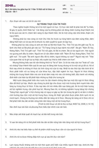 Bộ 2 đề kiểm tra giữa học kì 1 Văn 10 Kết nối tri thức có đáp án - Đề 1