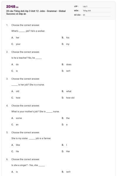 20 câu Tiếng Anh lớp 3 Unit 12: Jobs - Grammar - Global Success có đáp án