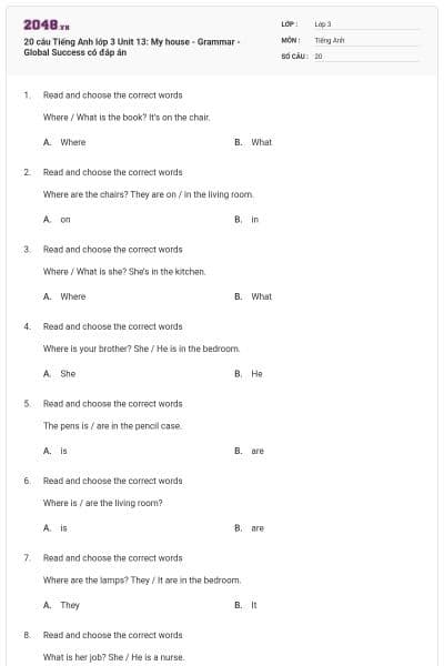 20 câu Tiếng Anh lớp 3 Unit 13: My house - Grammar - Global Success có đáp án