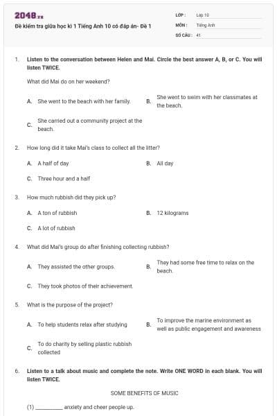 Đề kiểm tra giữa học kì 1 Tiếng Anh 10 có đáp án- Đề 1