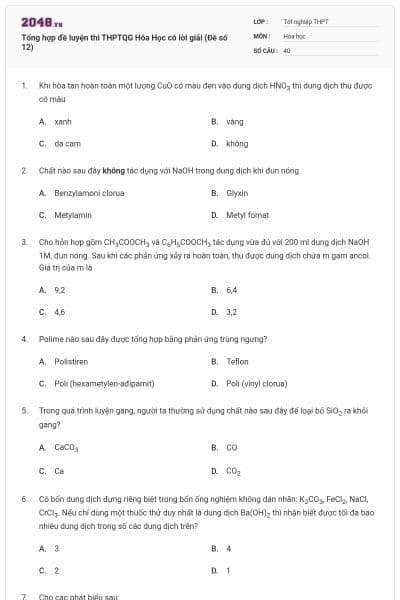 Tổng hợp đề luyện thi THPTQG Hóa Học có lời giải (Đề số 12)