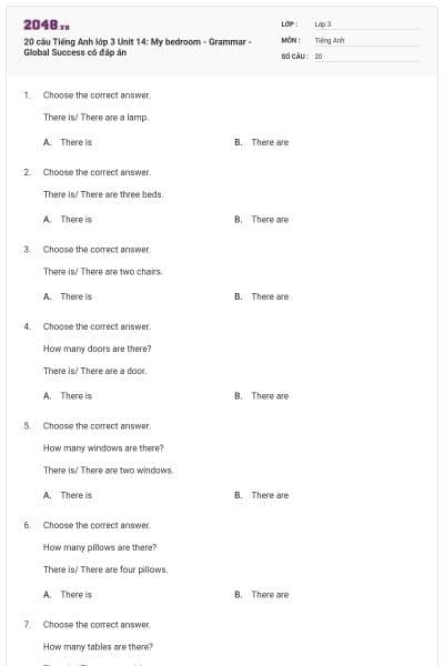 20 câu Tiếng Anh lớp 3 Unit 14: My bedroom - Grammar - Global Success có đáp án
