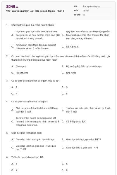 920+ câu trắc nghiệm Luật giáo dục có đáp án - Phần 3